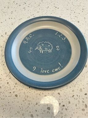 Blue and Cream Pottery Child’s Plate, signed - I Love Ewe Sheep Design